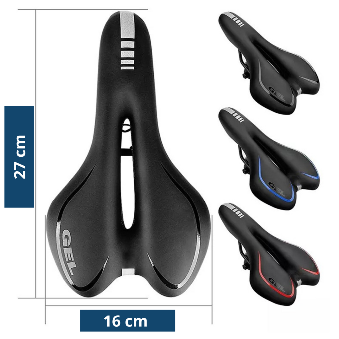 Comfortable gel bike saddle with gel padding, available in black, blue, red, designed for road and mountain biking.