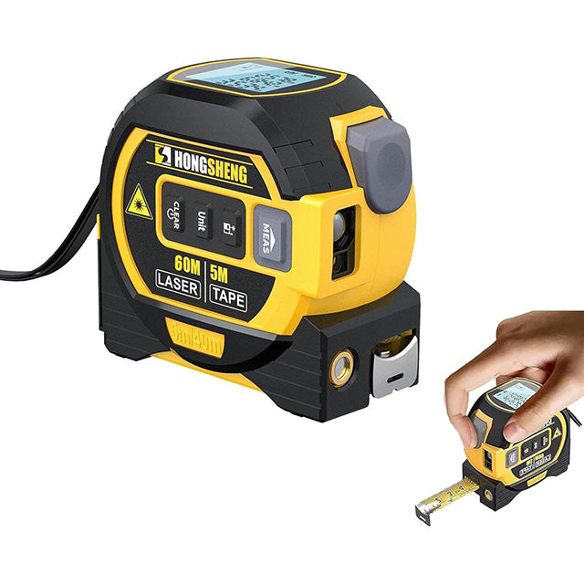 "Compact 3-in-1 laser tape measure with 60m rangefinder and 5m steel tape, featuring a laser cross marker and LCD display."