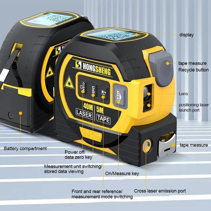 "Compact 3-in-1 laser tape measure with 60m rangefinder and 5m steel tape, featuring a laser cross marker and LCD display."
