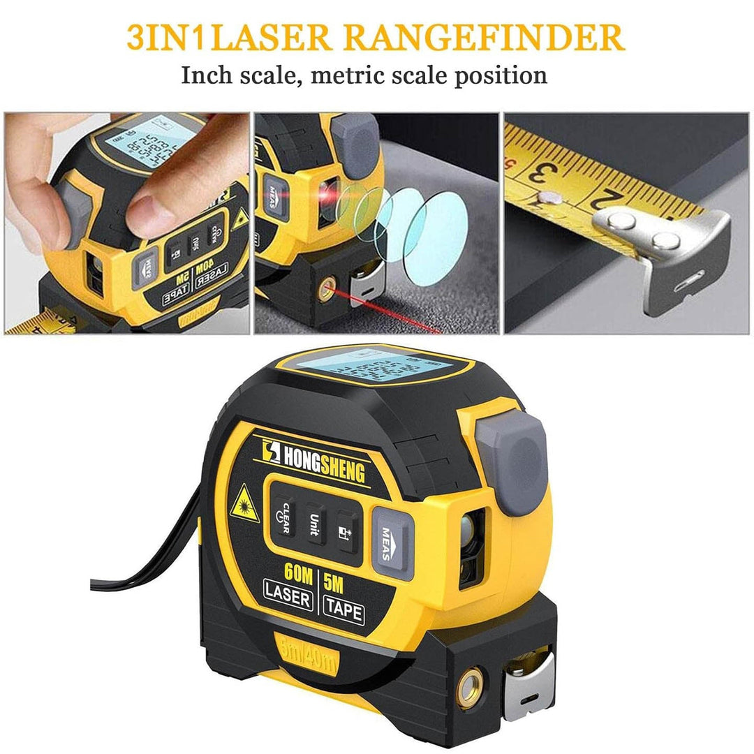 "Compact 3-in-1 laser tape measure with 60m rangefinder and 5m steel tape, featuring a laser cross marker and LCD display."