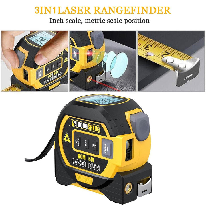 "Compact 3-in-1 laser tape measure with 60m rangefinder and 5m steel tape, featuring a laser cross marker and LCD display."