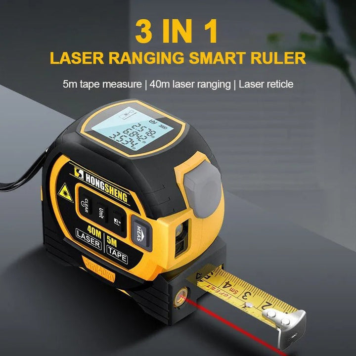 "Compact 3-in-1 laser tape measure with 60m rangefinder and 5m steel tape, featuring a laser cross marker and LCD display."