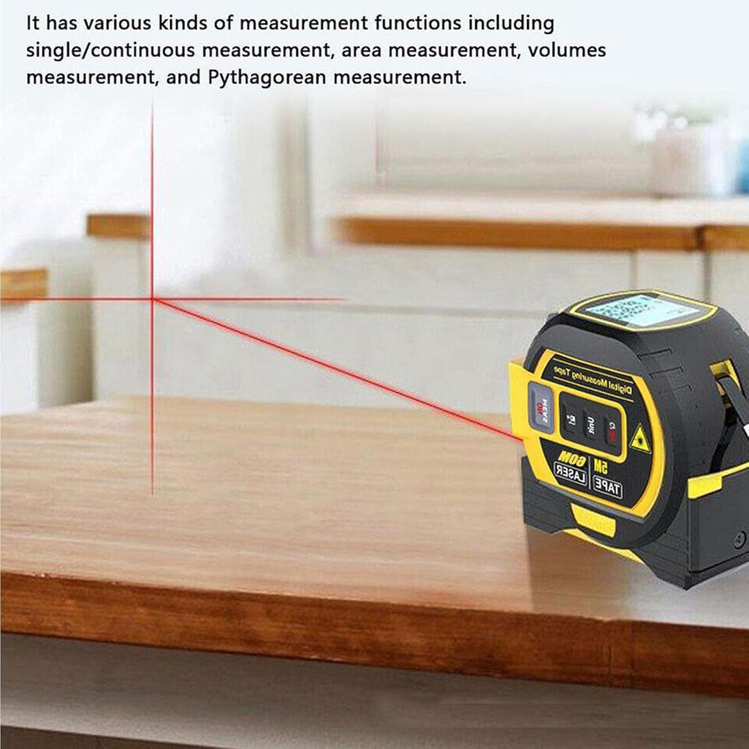 "Compact 3-in-1 laser tape measure with 60m rangefinder and 5m steel tape, featuring a laser cross marker and LCD display."