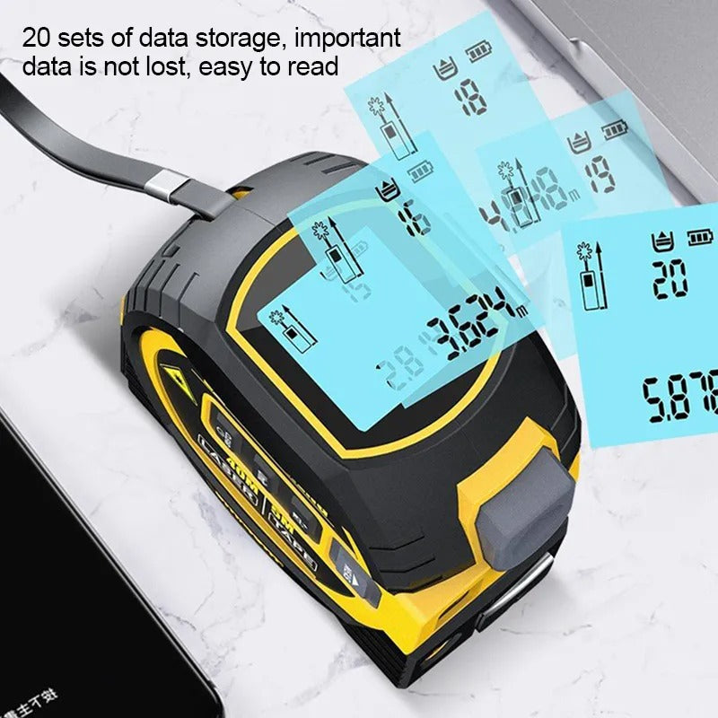 "Compact 3-in-1 laser tape measure with 60m rangefinder and 5m steel tape, featuring a laser cross marker and LCD display."