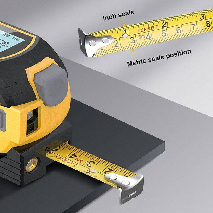 "Compact 3-in-1 laser tape measure with 60m rangefinder and 5m steel tape, featuring a laser cross marker and LCD display."