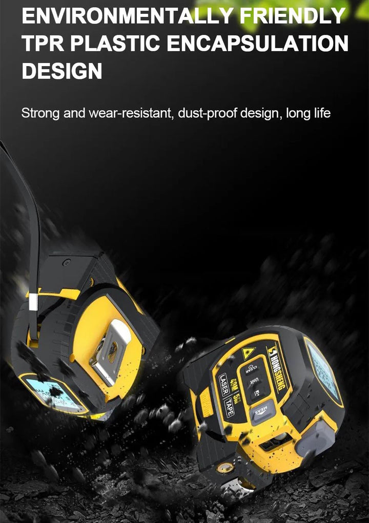"Compact 3-in-1 laser tape measure with 60m rangefinder and 5m steel tape, featuring a laser cross marker and LCD display."