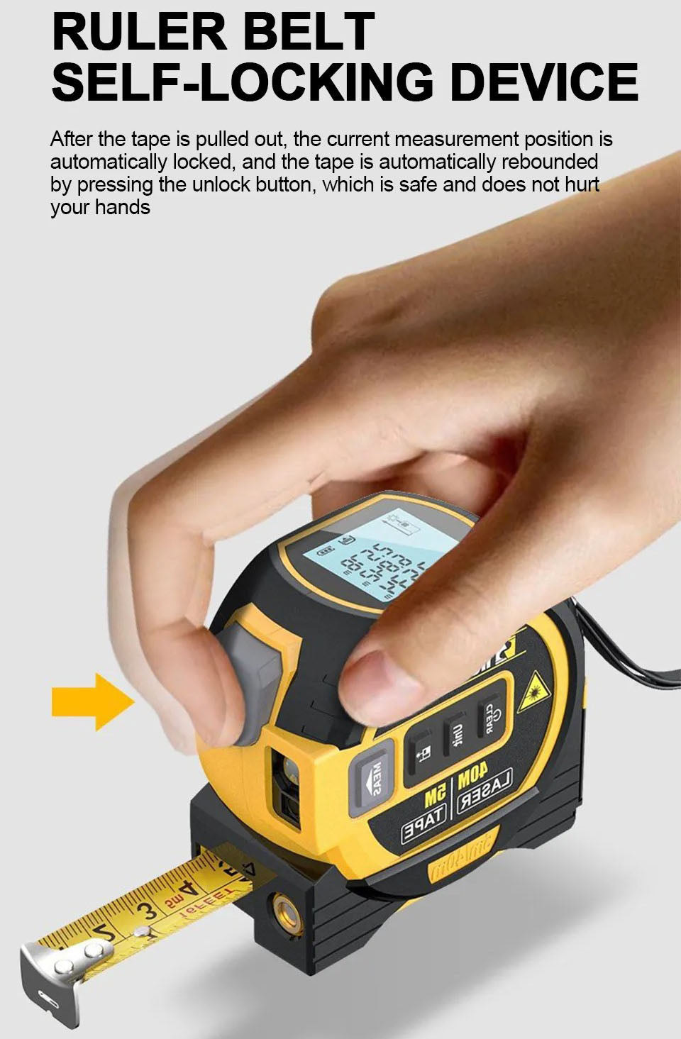"Compact 3-in-1 laser tape measure with 60m rangefinder and 5m steel tape, featuring a laser cross marker and LCD display."