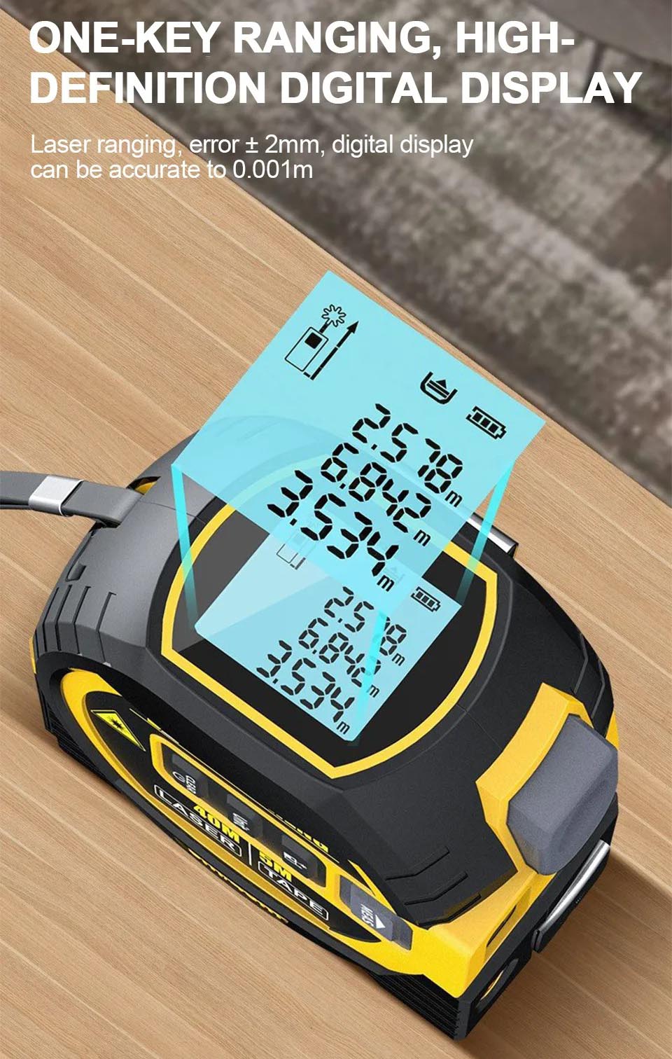 "Compact 3-in-1 laser tape measure with 60m rangefinder and 5m steel tape, featuring a laser cross marker and LCD display."