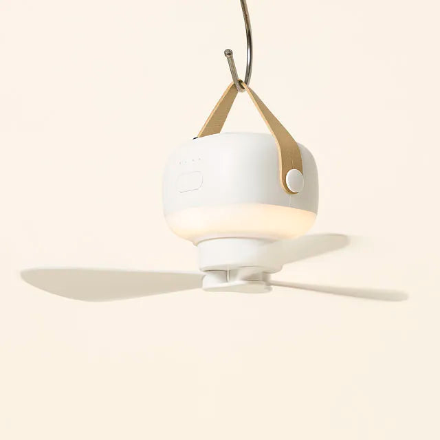 "Compact portable ceiling fan with LED light, remote, and tripod stand; blends sleek design, innovation, and convenience."