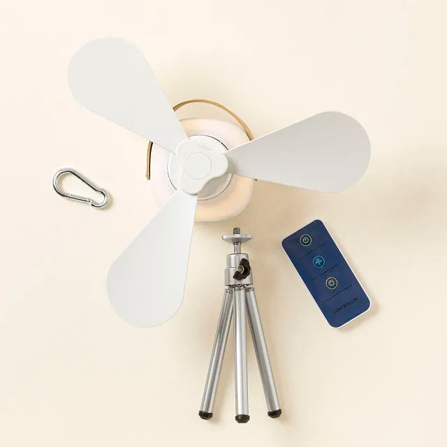 "Compact portable ceiling fan with LED light, remote, and tripod stand; blends sleek design, innovation, and convenience."