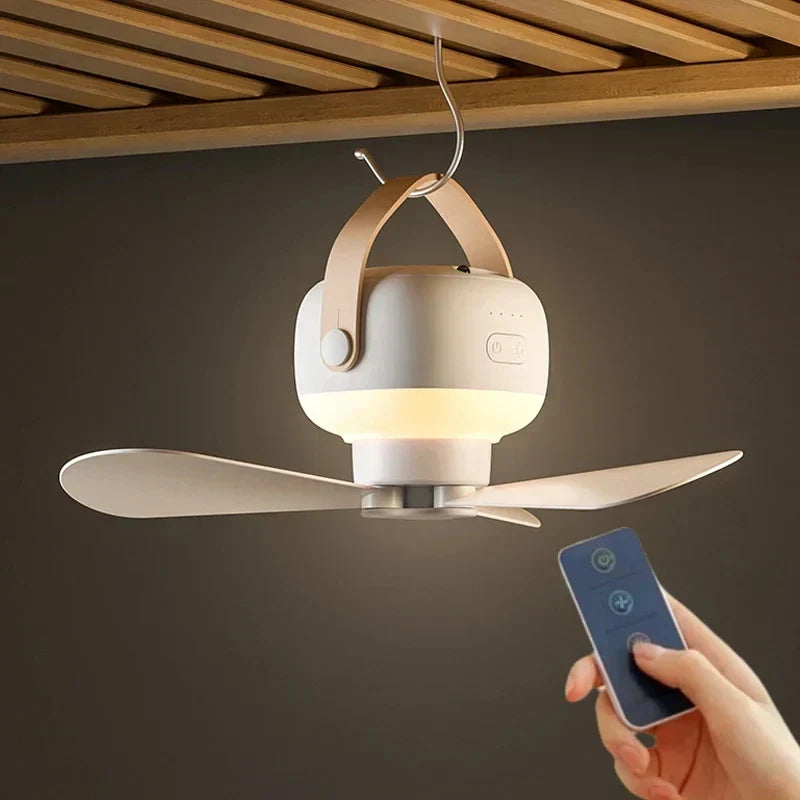 "Compact portable ceiling fan with LED light, remote, and tripod stand; blends sleek design, innovation, and convenience."