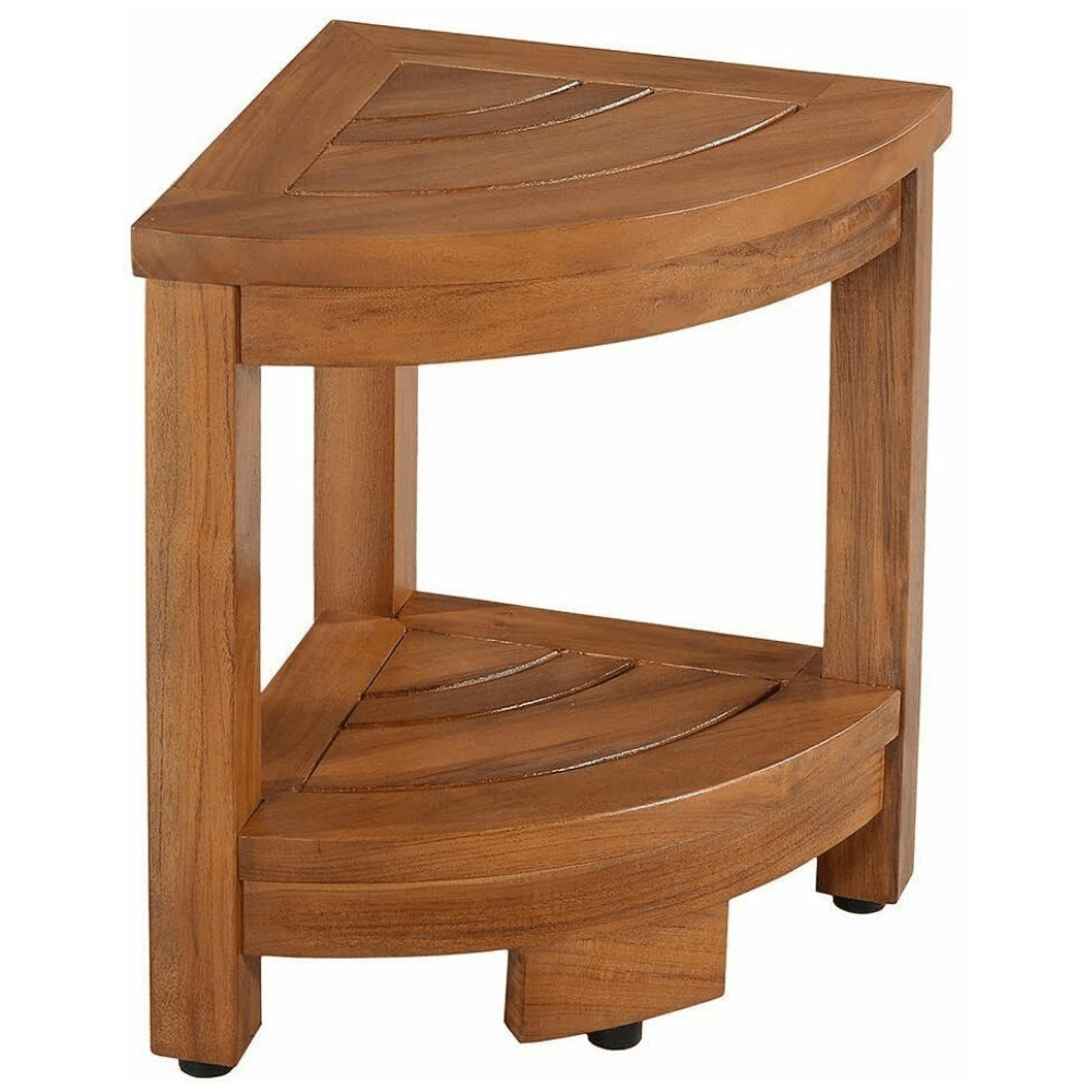 "Compact premium teak wood shower corner bench seat with lower shelf, durable water-resistant construction for bathroom use."