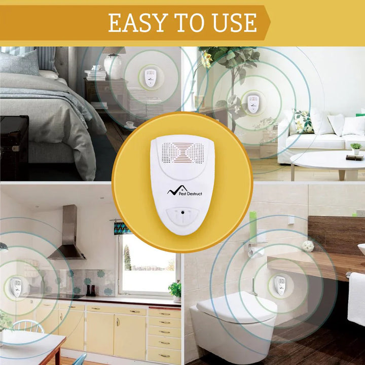 "Compact ultrasonic pest repeller, white, plug-in design. Safe for pets and kids, silently repels pests in areas up to 800 sq