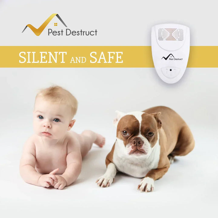 "Compact ultrasonic pest repeller, white, plug-in design. Safe for pets and kids, silently repels pests in areas up to 800 sq
