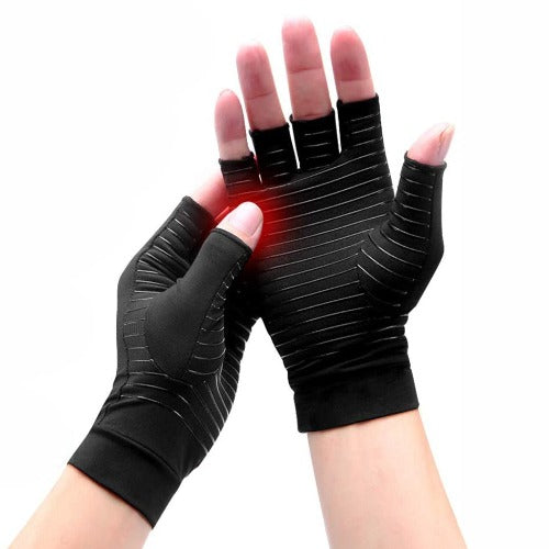 "Copper infused fingerless compression gloves for arthritis, offers warmth and breathability, ideal for relief and comfort."