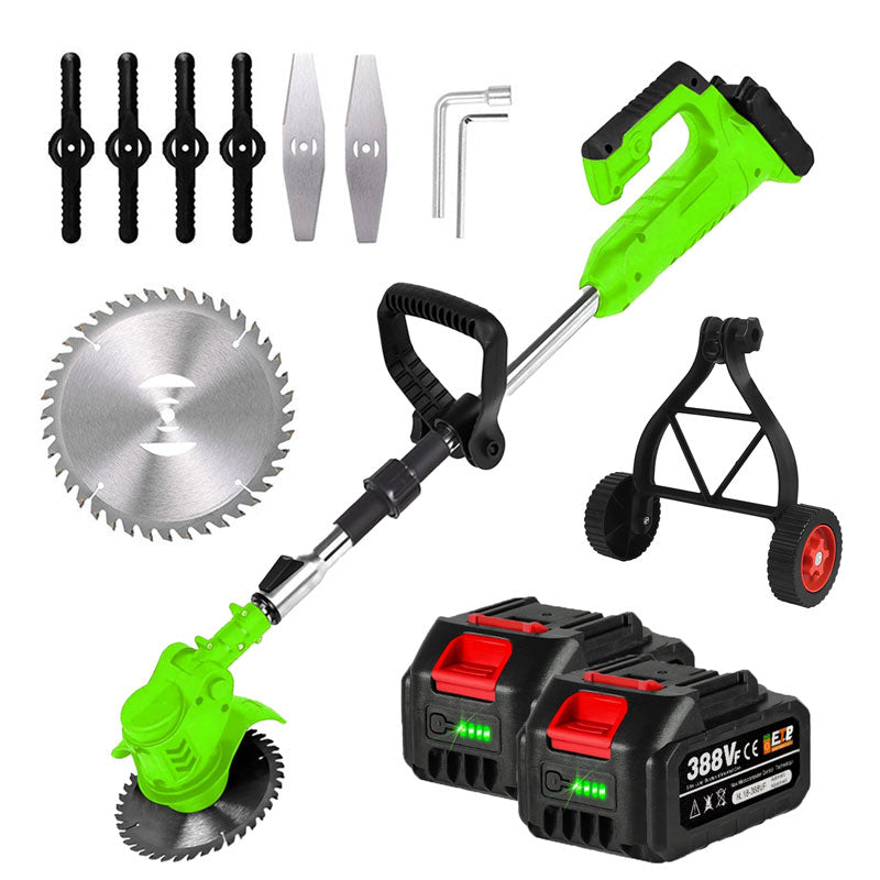 Cordless electric grass trimmer with adjustable head, featuring a telescopic rod and multi-angle head for easy trimming.