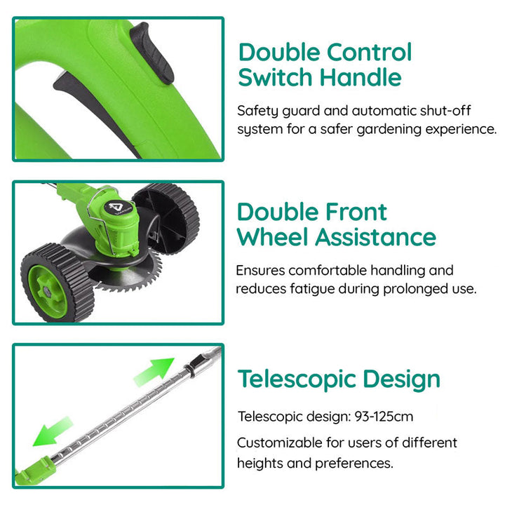 Cordless electric grass trimmer with adjustable head, featuring a telescopic rod and multi-angle head for easy trimming.