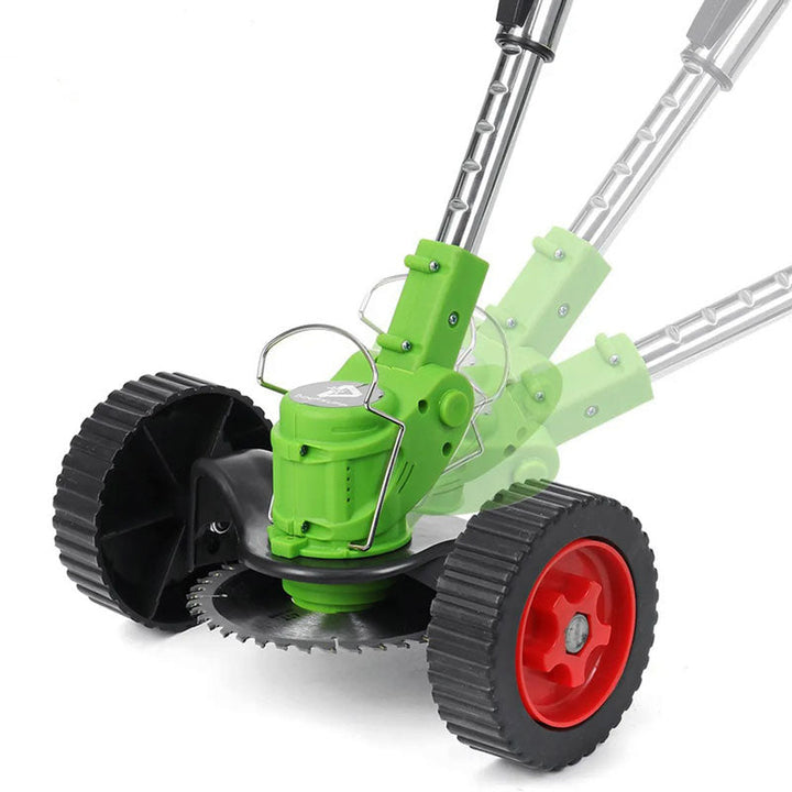 Cordless electric grass trimmer with adjustable head, featuring a telescopic rod and multi-angle head for easy trimming.