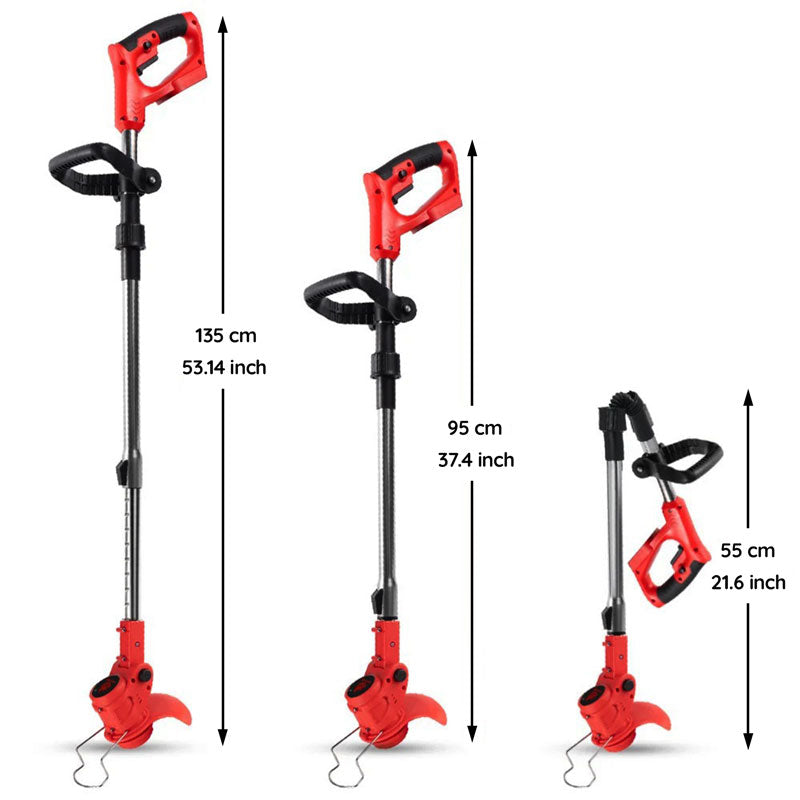 Cordless electric grass trimmer with adjustable head, featuring a telescopic rod and multi-angle head for easy trimming.
