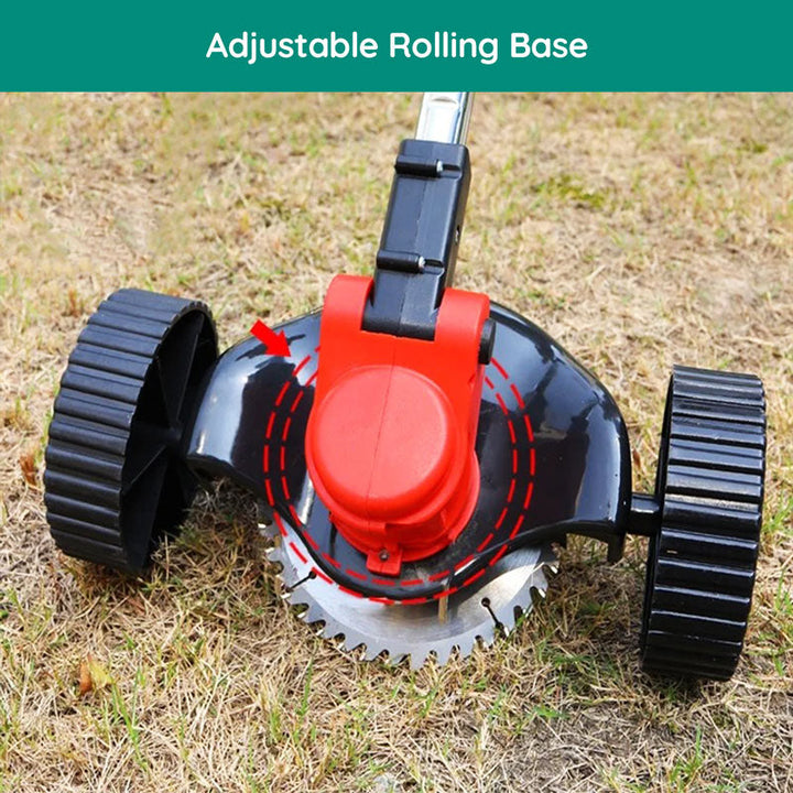 Cordless electric grass trimmer with adjustable head, featuring a telescopic rod and multi-angle head for easy trimming.