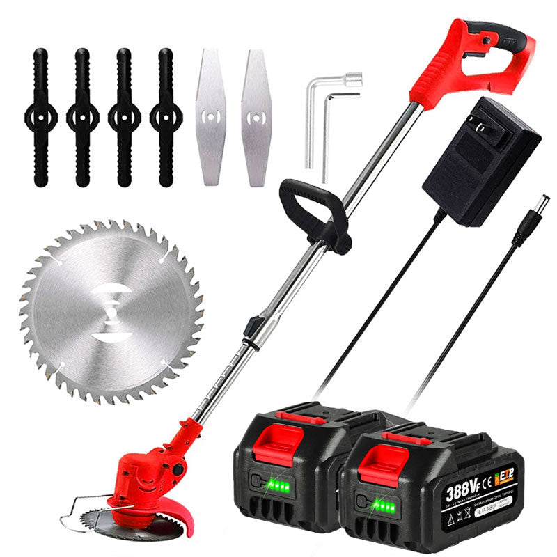Cordless electric grass trimmer with adjustable head, featuring a telescopic rod and multi-angle head for easy trimming.