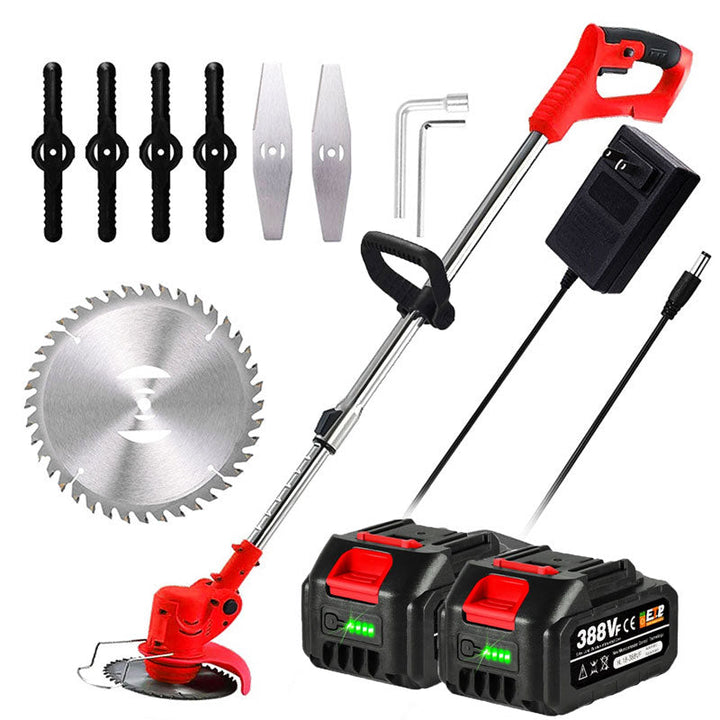 Cordless electric grass trimmer with adjustable head, featuring a telescopic rod and multi-angle head for easy trimming.