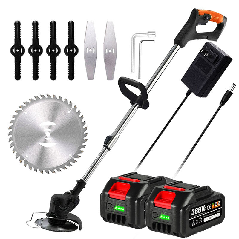 Cordless electric grass trimmer with adjustable head, featuring a telescopic rod and multi-angle head for easy trimming.
