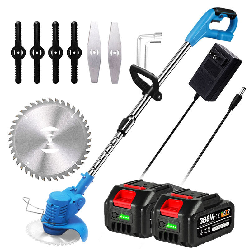 Cordless electric grass trimmer with adjustable head, featuring a telescopic rod and multi-angle head for easy trimming.