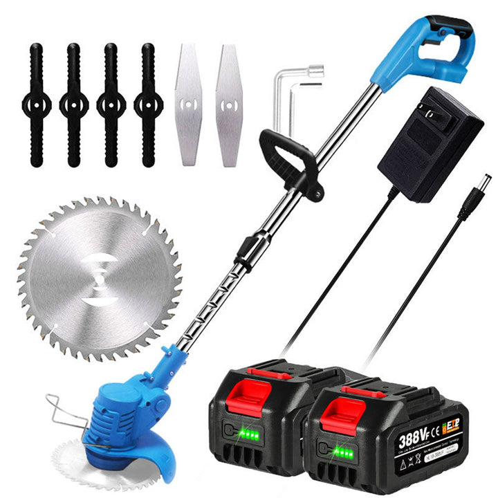 Cordless electric grass trimmer with adjustable head, featuring a telescopic rod and multi-angle head for easy trimming.