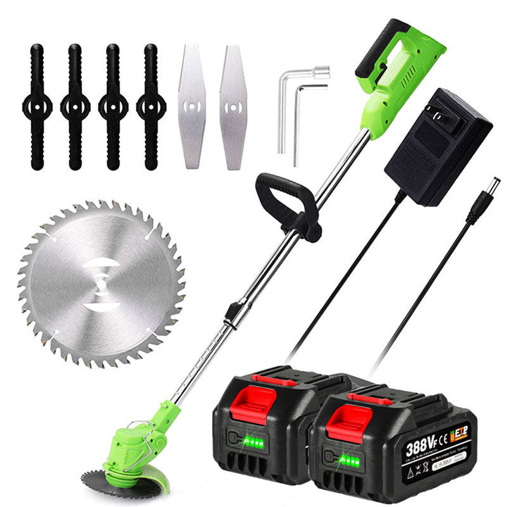 Cordless electric grass trimmer with adjustable head, featuring a telescopic rod and multi-angle head for easy trimming.