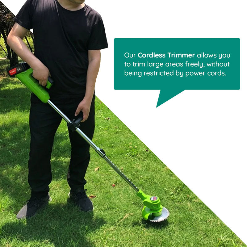 Cordless electric grass trimmer with adjustable head, featuring a telescopic rod and multi-angle head for easy trimming.