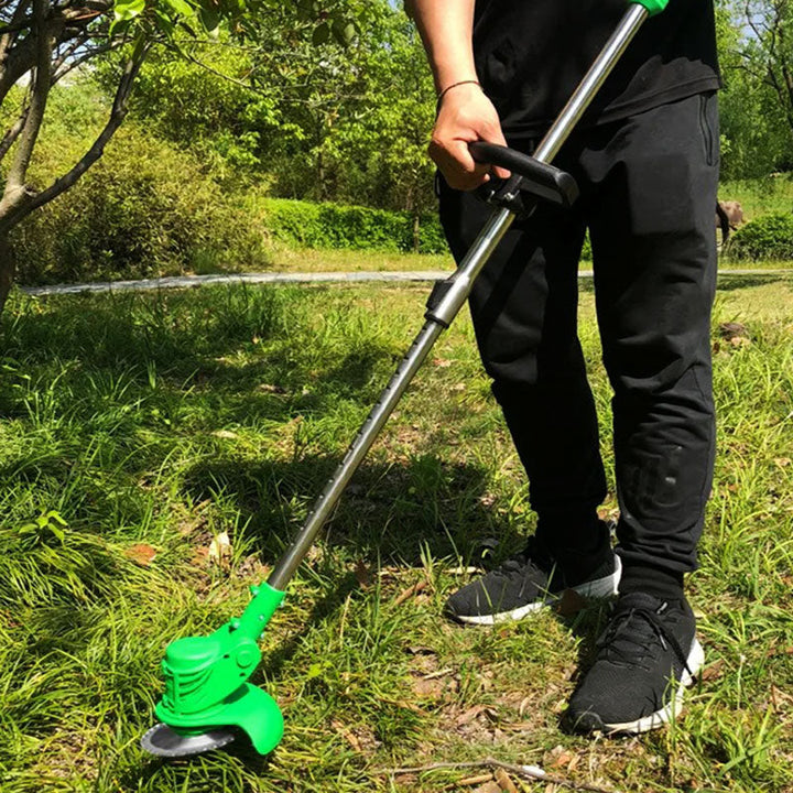 Cordless electric grass trimmer with adjustable head, featuring a telescopic rod and multi-angle head for easy trimming.