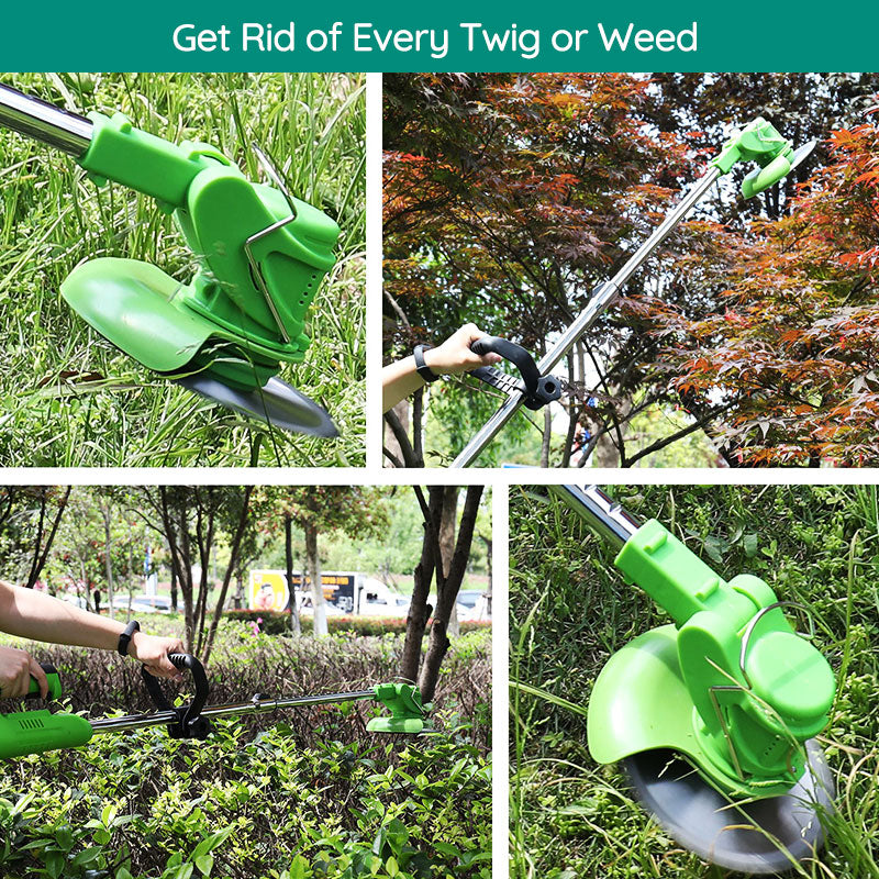 Cordless electric grass trimmer with adjustable head, featuring a telescopic rod and multi-angle head for easy trimming.