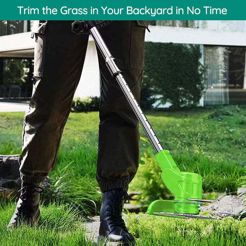 Cordless electric grass trimmer with adjustable head, featuring a telescopic rod and multi-angle head for easy trimming.