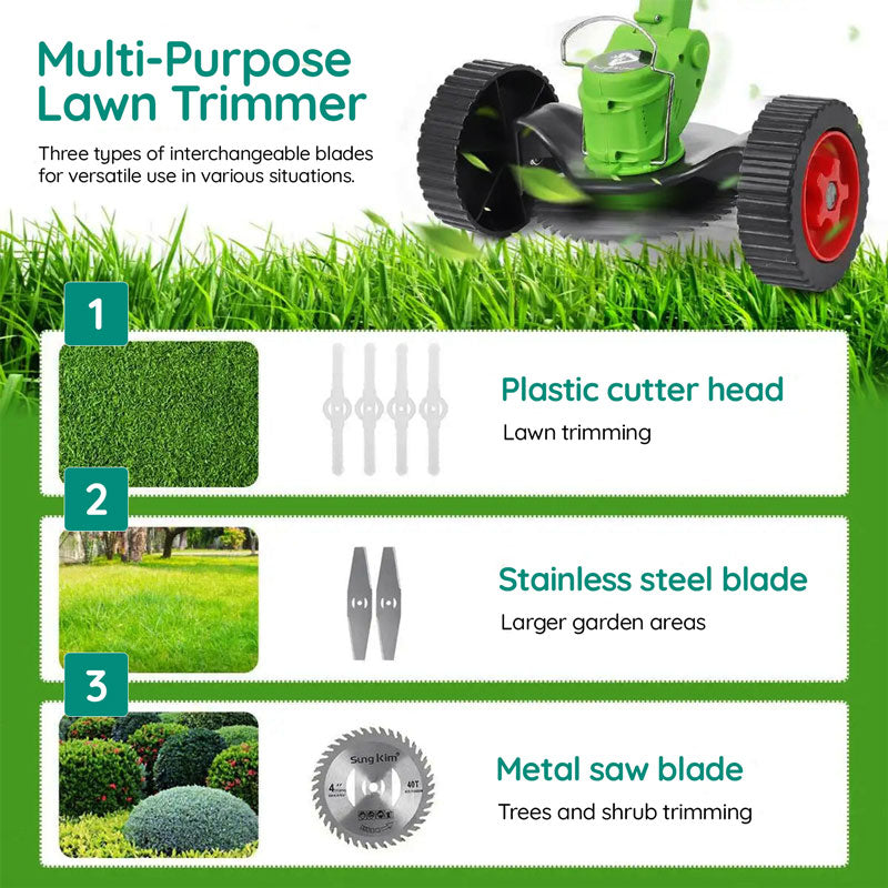 Cordless electric grass trimmer with adjustable head, featuring a telescopic rod and multi-angle head for easy trimming.