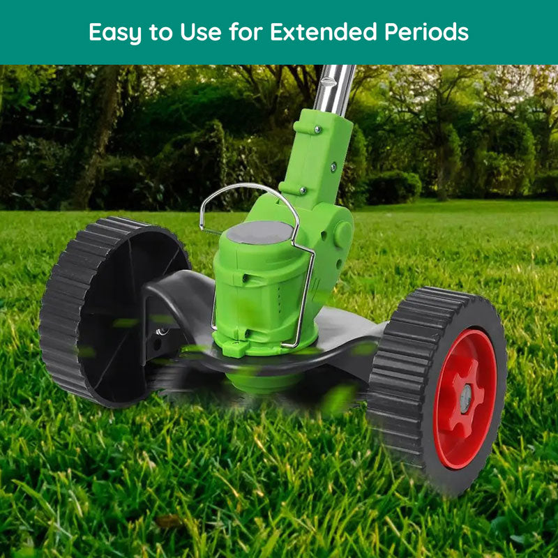 Cordless electric grass trimmer with adjustable head, featuring a telescopic rod and multi-angle head for easy trimming.