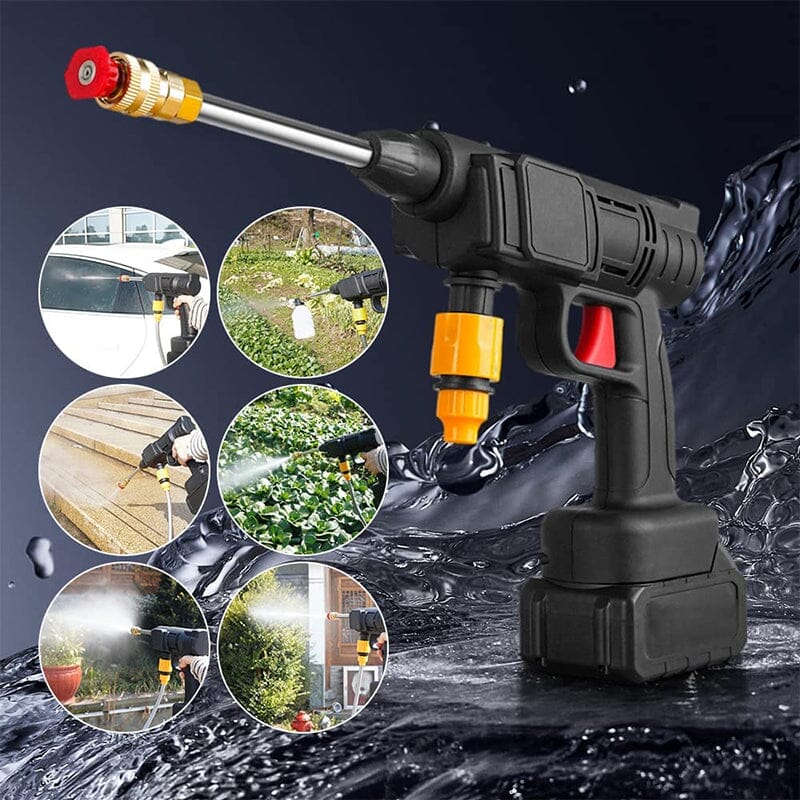 "Cordless high pressure water gun set with sleek design for efficient car and patio cleaning, lightweight and portable."