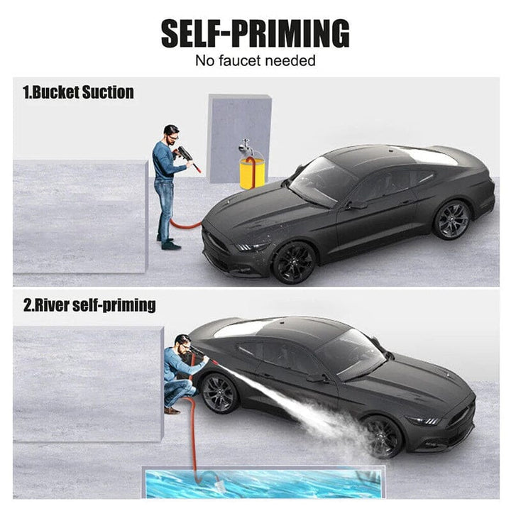 "Cordless high pressure water gun set with sleek design for efficient car and patio cleaning, lightweight and portable."
