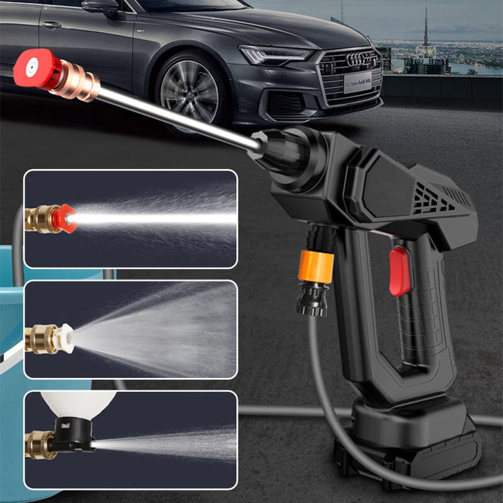 "Cordless high pressure water gun set with sleek design for efficient car and patio cleaning, lightweight and portable."
