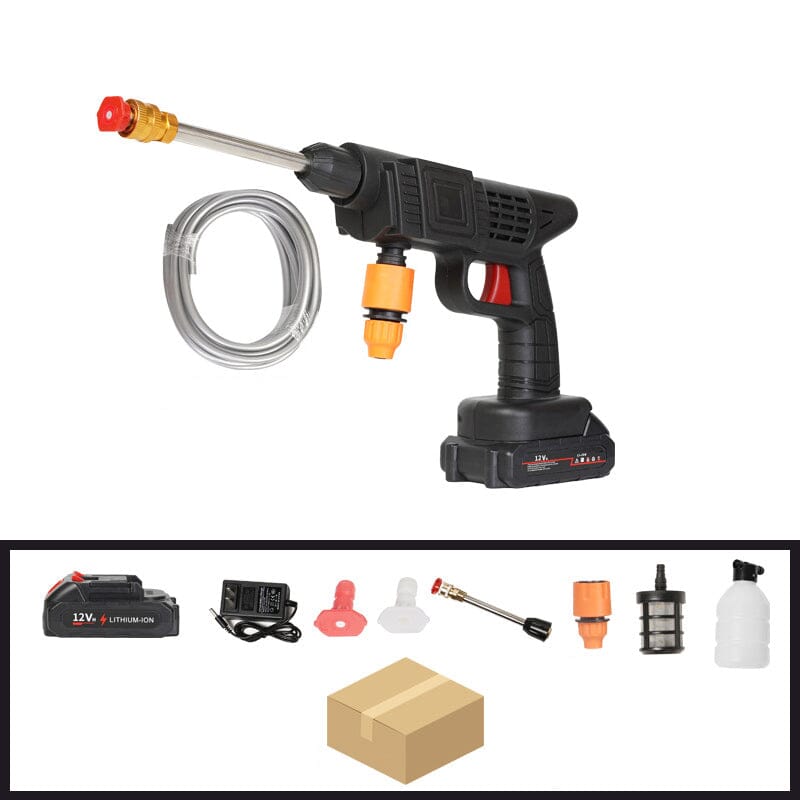 "Cordless high pressure water gun set with sleek design for efficient car and patio cleaning, lightweight and portable."