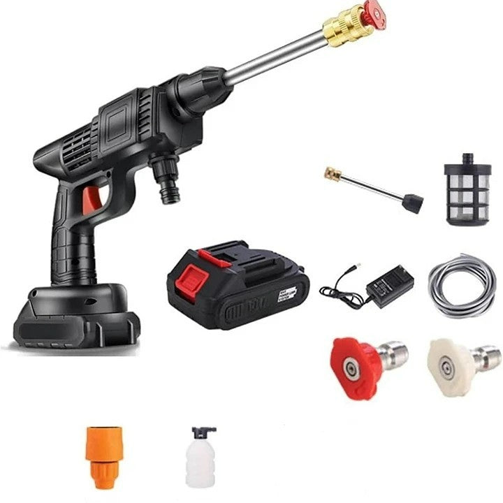 "Cordless high pressure water gun set with sleek design for efficient car and patio cleaning, lightweight and portable."