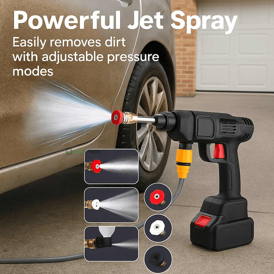 "Cordless high pressure water gun set with sleek design for efficient car and patio cleaning, lightweight and portable."