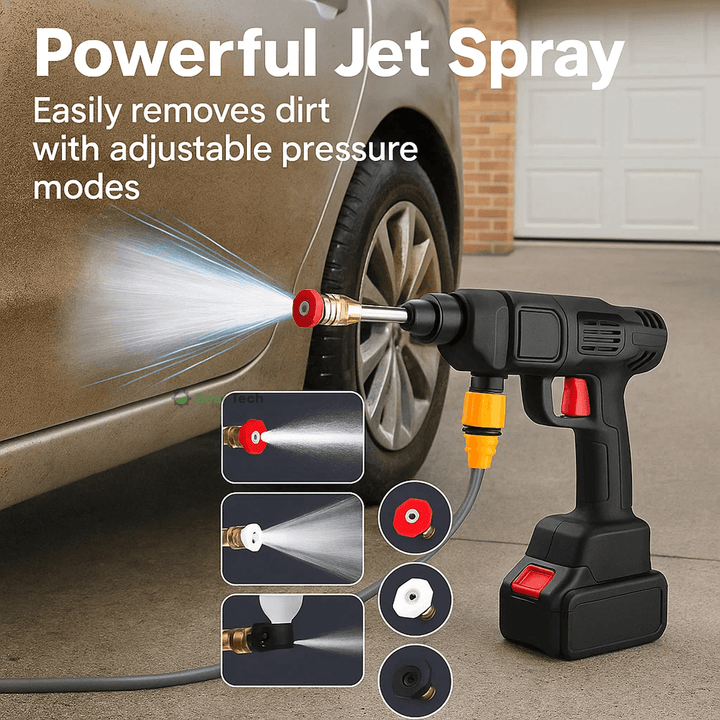 "Cordless high pressure water gun set with sleek design for efficient car and patio cleaning, lightweight and portable."