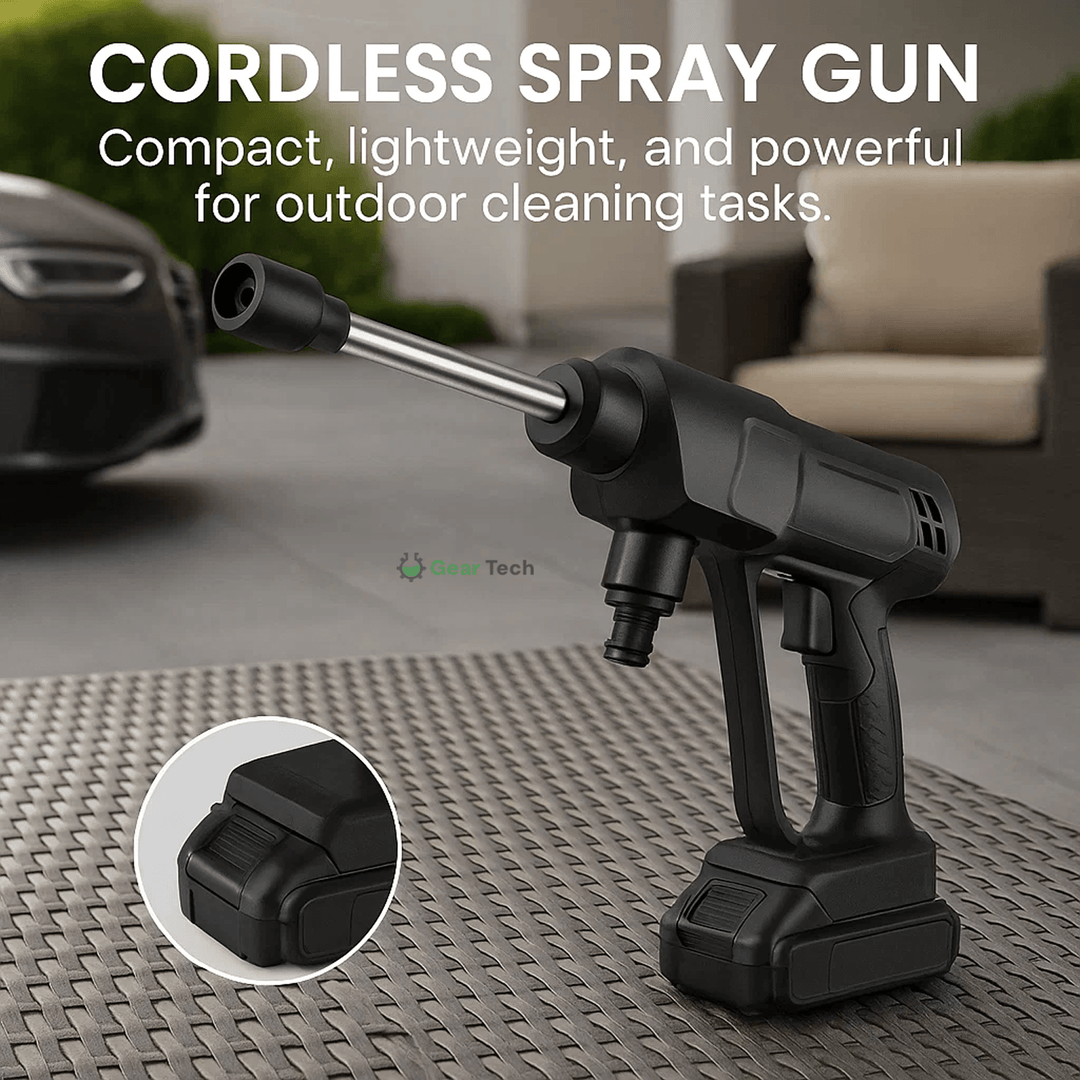 "Cordless high pressure water gun set with sleek design for efficient car and patio cleaning, lightweight and portable."