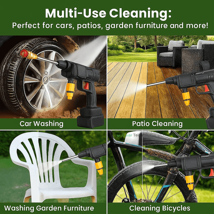"Cordless high pressure water gun set with sleek design for efficient car and patio cleaning, lightweight and portable."