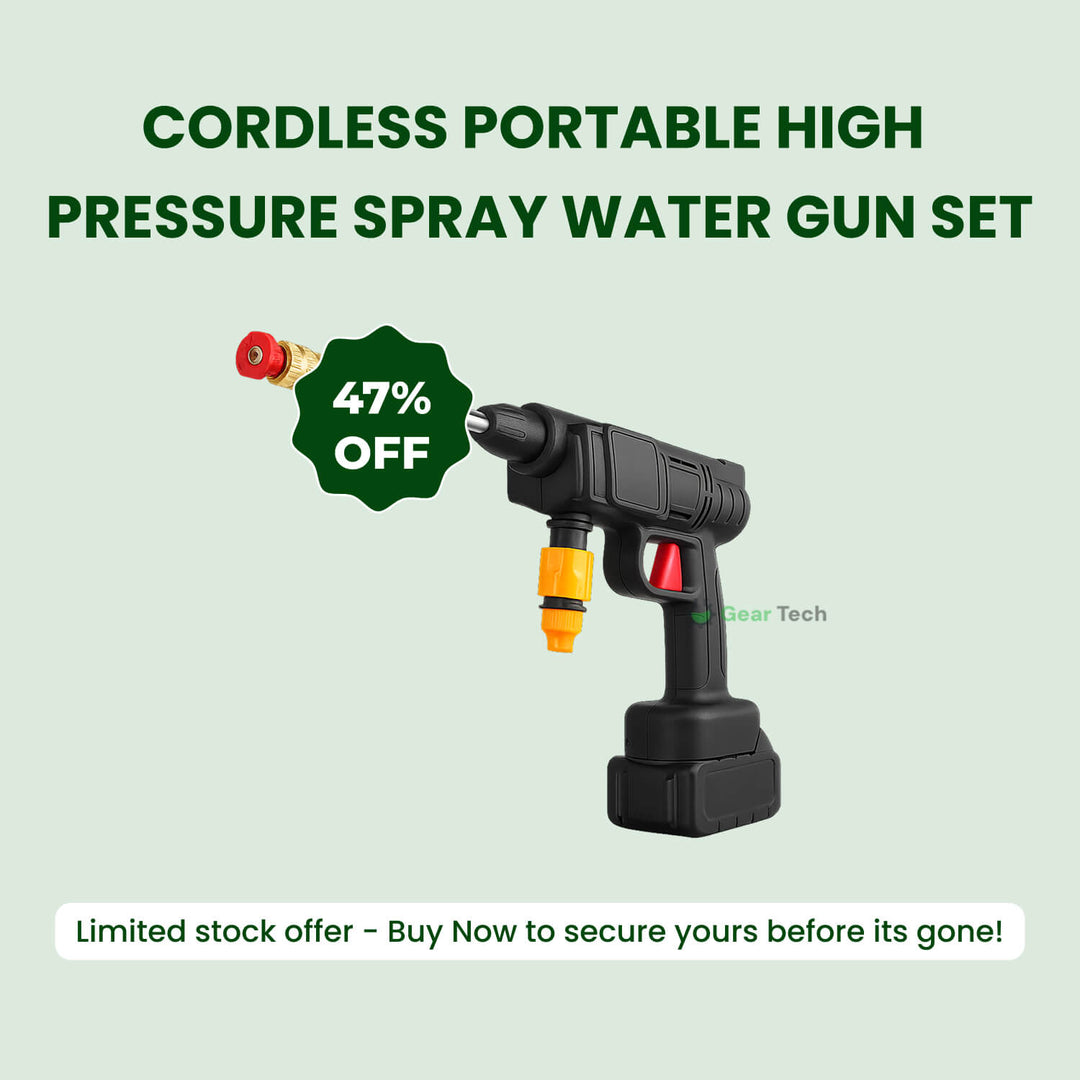 "Cordless high pressure water gun set with sleek design for efficient car and patio cleaning, lightweight and portable."
