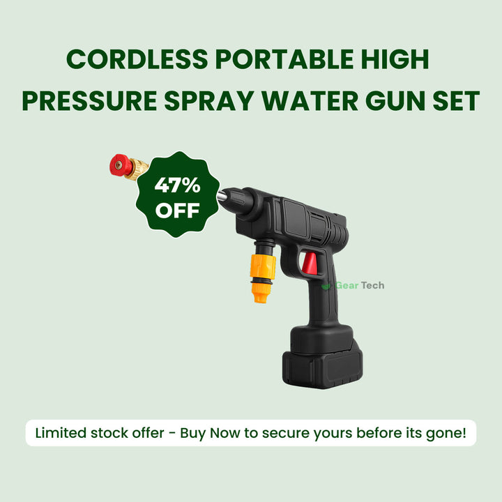 "Cordless high pressure water gun set with sleek design for efficient car and patio cleaning, lightweight and portable."