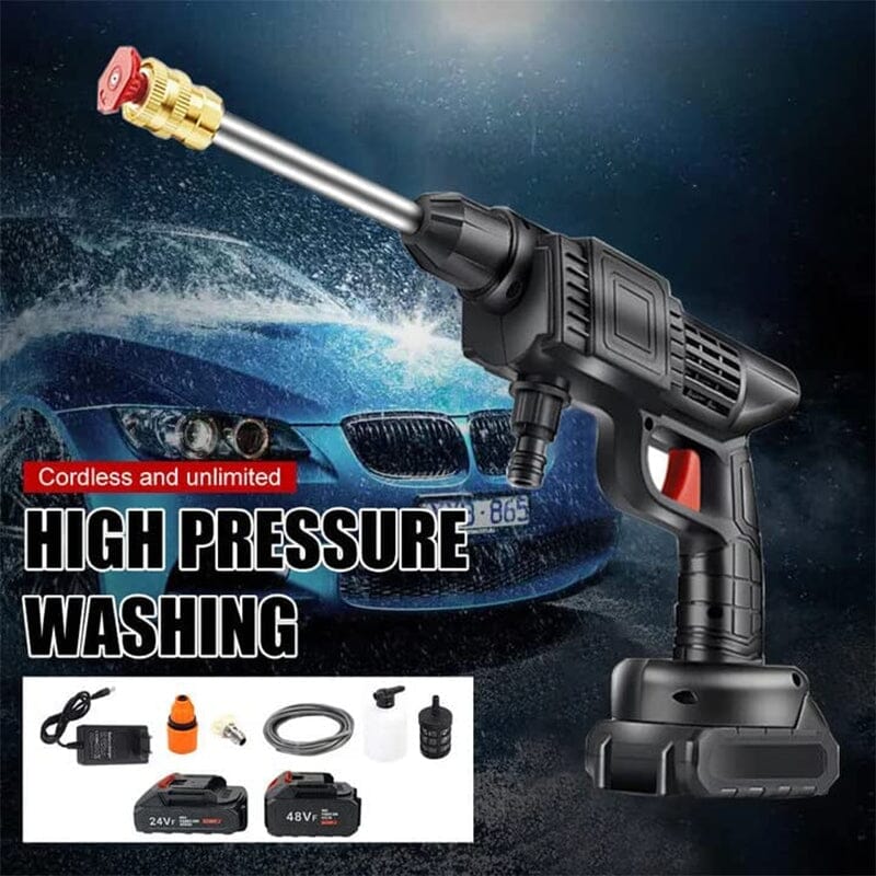 "Cordless high pressure water gun set with sleek design for efficient car and patio cleaning, lightweight and portable."