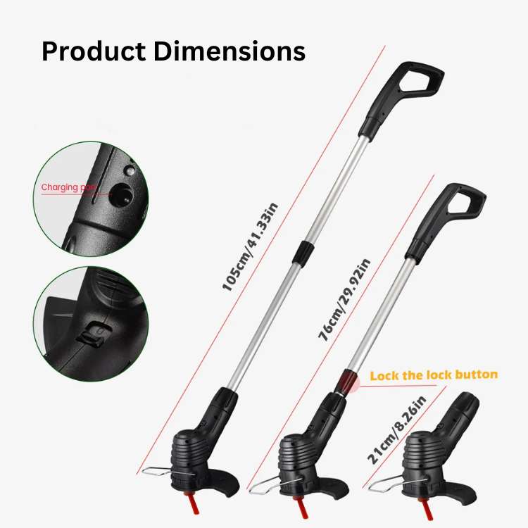 "Cordless lightweight high-power grass trimmer with ergonomic handle, cutting thick grass; ideal for easy lawn care."