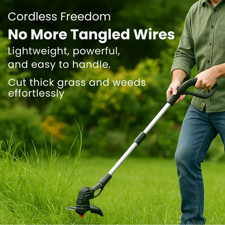 "Cordless lightweight high-power grass trimmer with ergonomic handle, cutting thick grass; ideal for easy lawn care."
